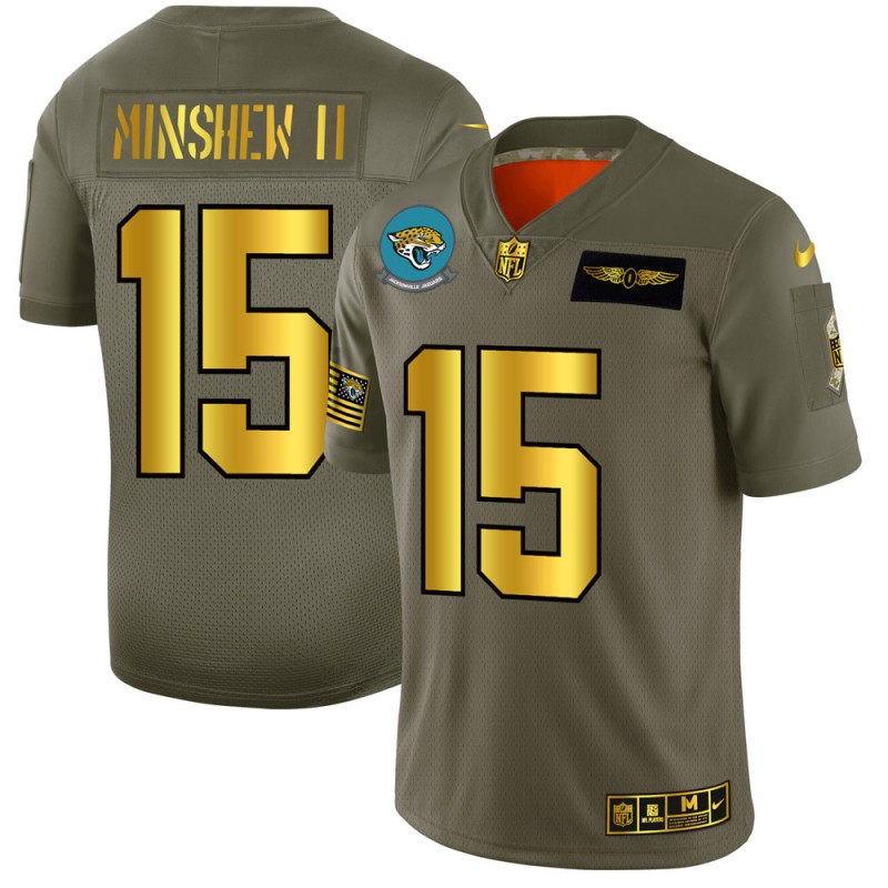 Men Nike Jacksonville Jaguars #15 Gardner Minshew II NFL   Olive Gold 2019 Salute to Service Limited Jersey